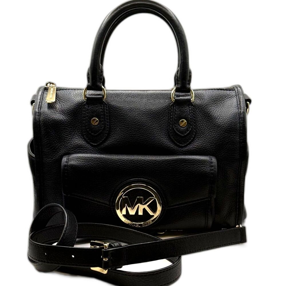 Michael Kors Margo Black Pebbled Leather Satchel Handbag Crossbody Gold MK Bag